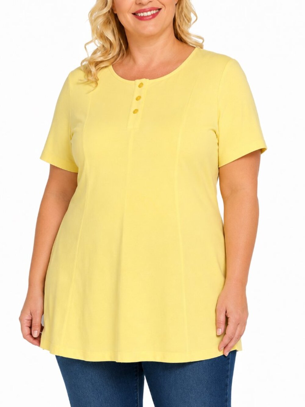 Denim & Co. Essentials Yellow Henley Tunic Top Short Sleeve Size 2X NWOT